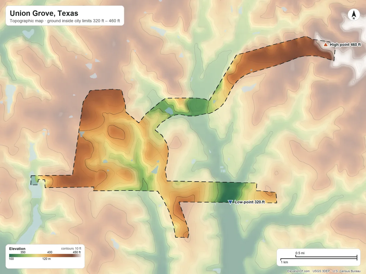 Topographic elevation map of Union Grove, Texas, shaded from 320 ft on the southeast side to 460 ft on the northeast side