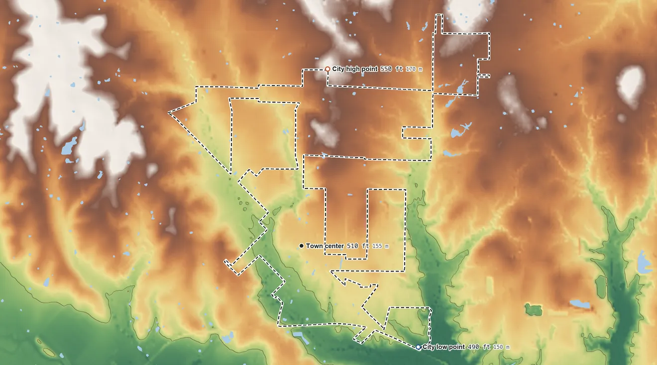 Topographic elevation map of Union Valley, Texas, shaded from 490 ft on the southeast side to 550 ft on the north side