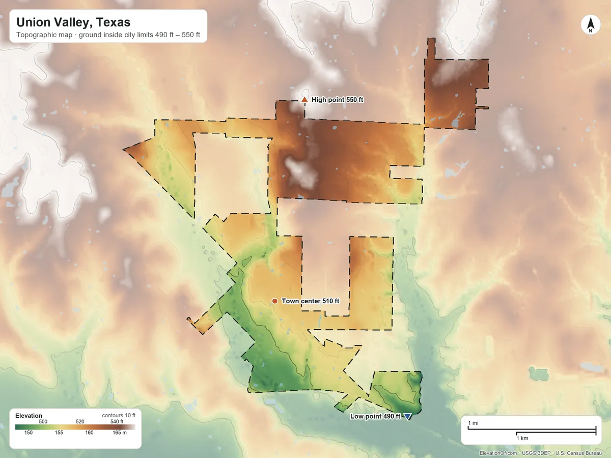 Topographic elevation map of Union Valley, Texas, shaded from 490 ft on the southeast side to 550 ft on the north side