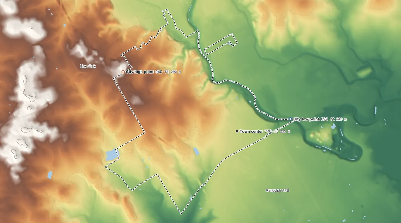 Topographic elevation map of Universal City, Texas, shaded from 690 ft on the east side to 940 ft on the northwest side