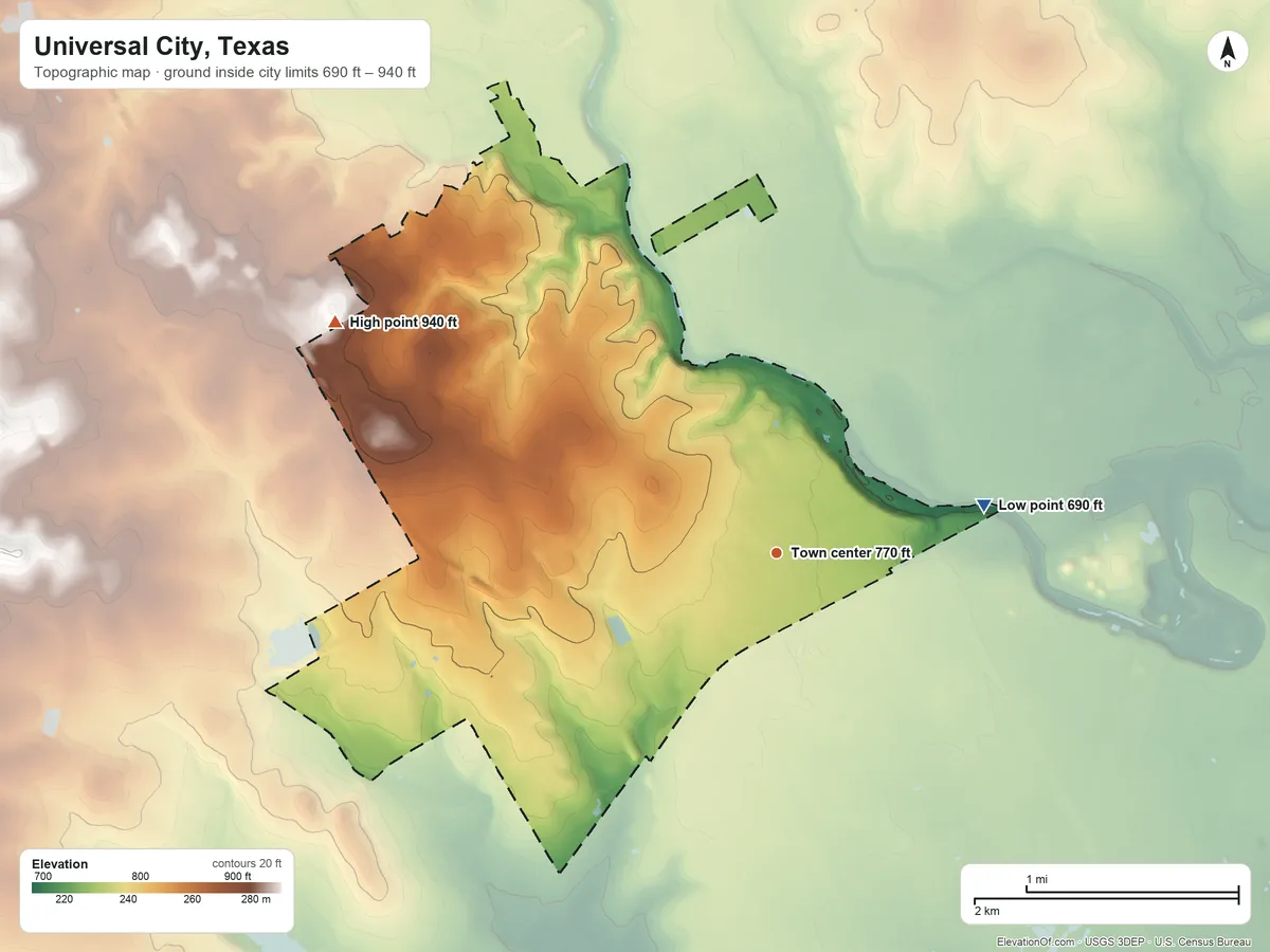 Topographic elevation map of Universal City, Texas, shaded from 690 ft on the east side to 940 ft on the northwest side