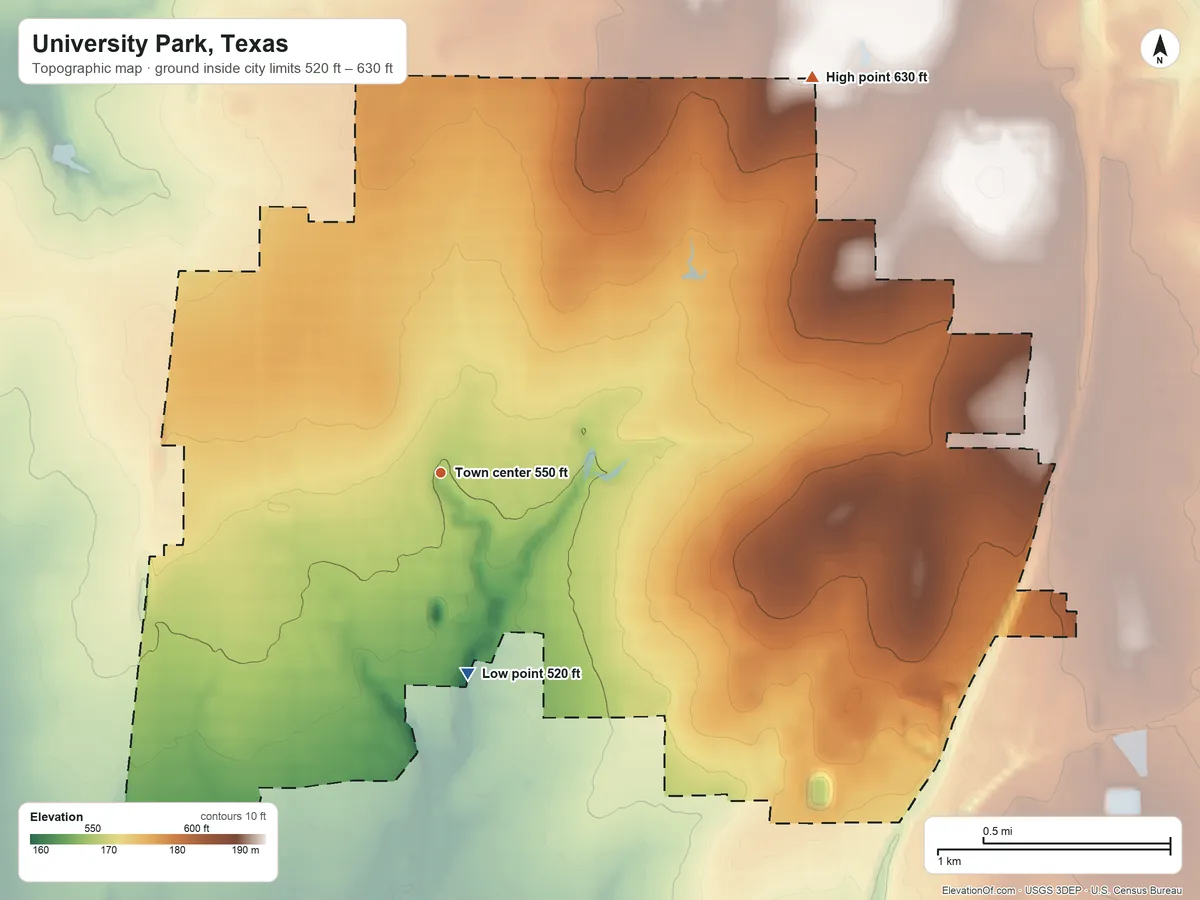 Topographic elevation map of University Park, Texas, shaded from 520 ft on the south side to 630 ft on the northeast side