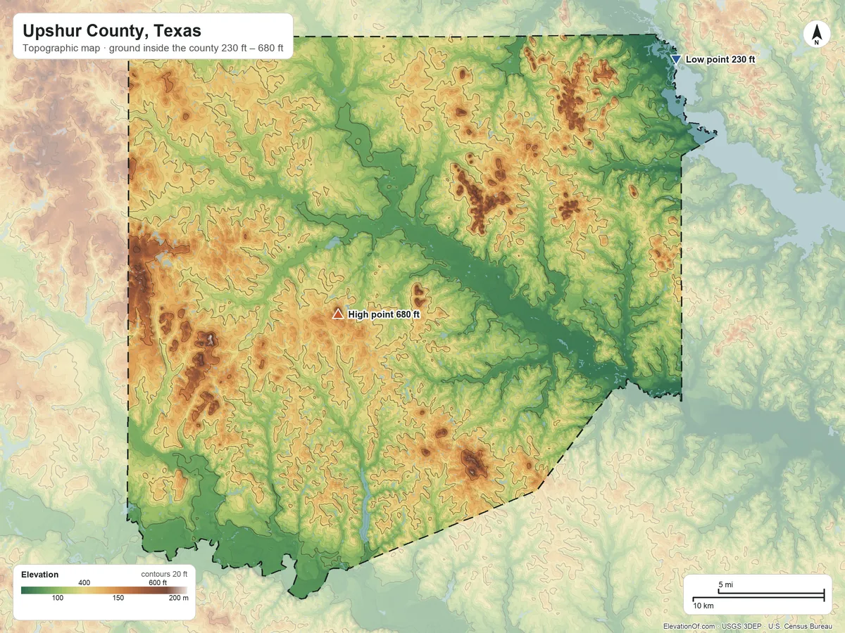 Topographic elevation map of Upshur County, Texas, shaded from 230 ft on the northeast side to 680 ft on Underwood Mountain