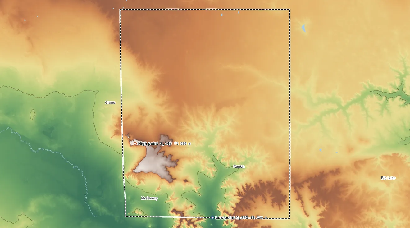 Topographic elevation map of Upton County, Texas, shaded from 2,300 ft on the south side to 3,140 ft on King Mountain