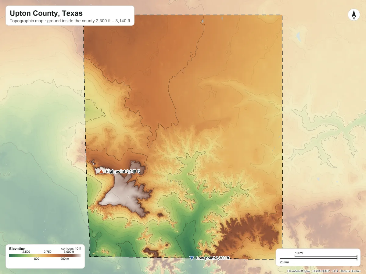 Topographic elevation map of Upton County, Texas, shaded from 2,300 ft on the south side to 3,140 ft on King Mountain