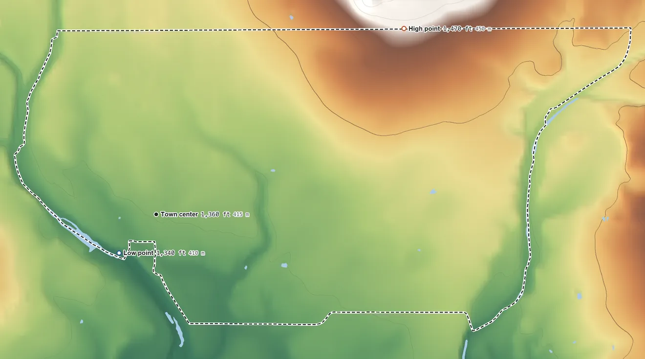 Topographic elevation map of Utopia, Texas, shaded from 1,340 ft near the middle to 1,470 ft on the northeast side