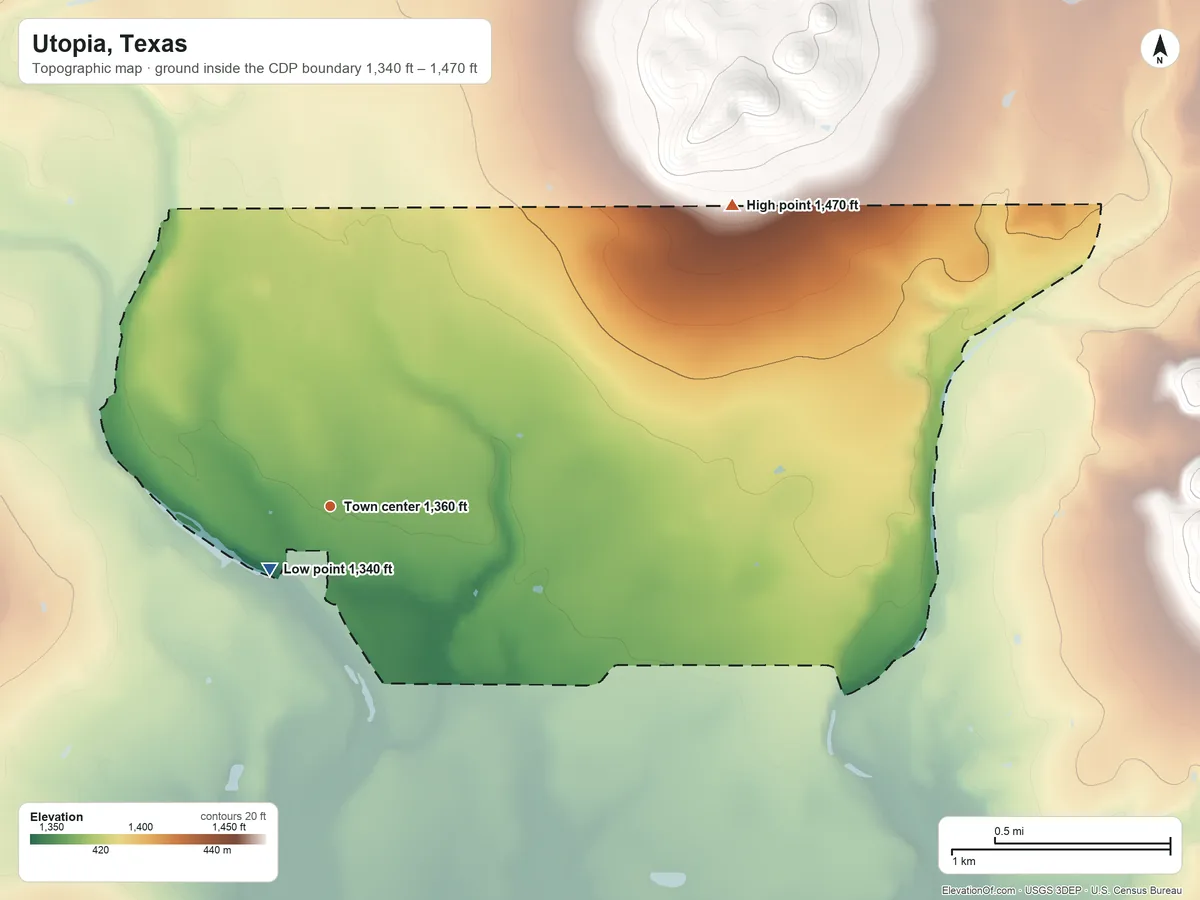 Topographic elevation map of Utopia, Texas, shaded from 1,340 ft near the middle to 1,470 ft on the northeast side