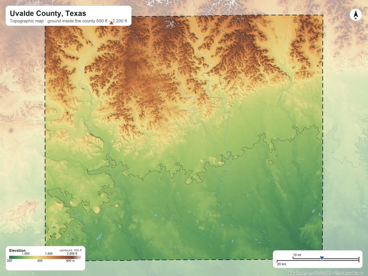 Topographic elevation map of Uvalde County, Texas, shaded from 650 ft on the southeast side to 2,200 ft on the northwest side