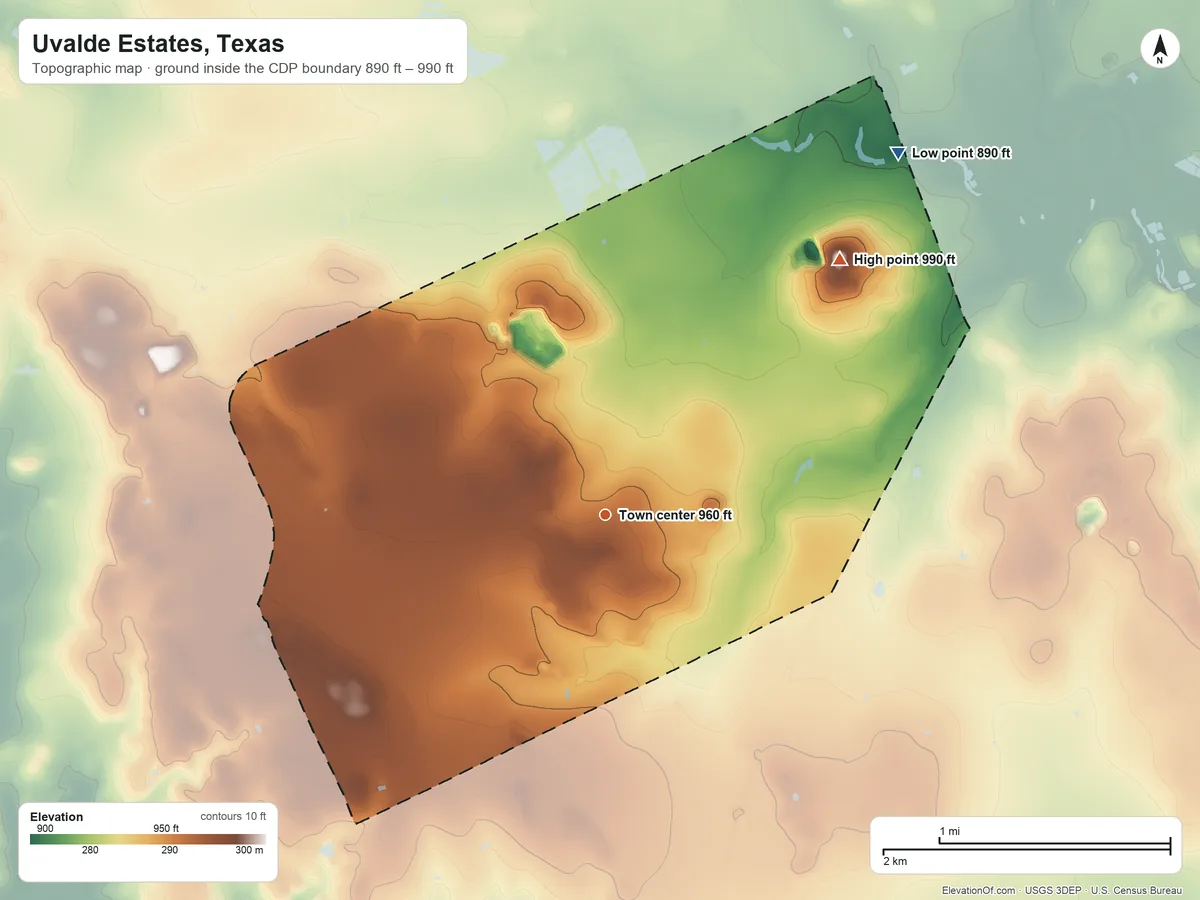 Topographic elevation map of Uvalde Estates, Texas, shaded from 890 ft on the northeast side to 990 ft on Rocky Hill