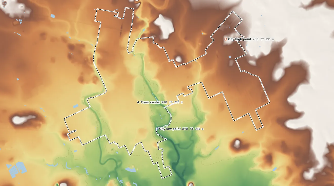 Topographic elevation map of Uvalde, Texas, shaded from 870 ft on the southeast side to 960 ft on the northeast side