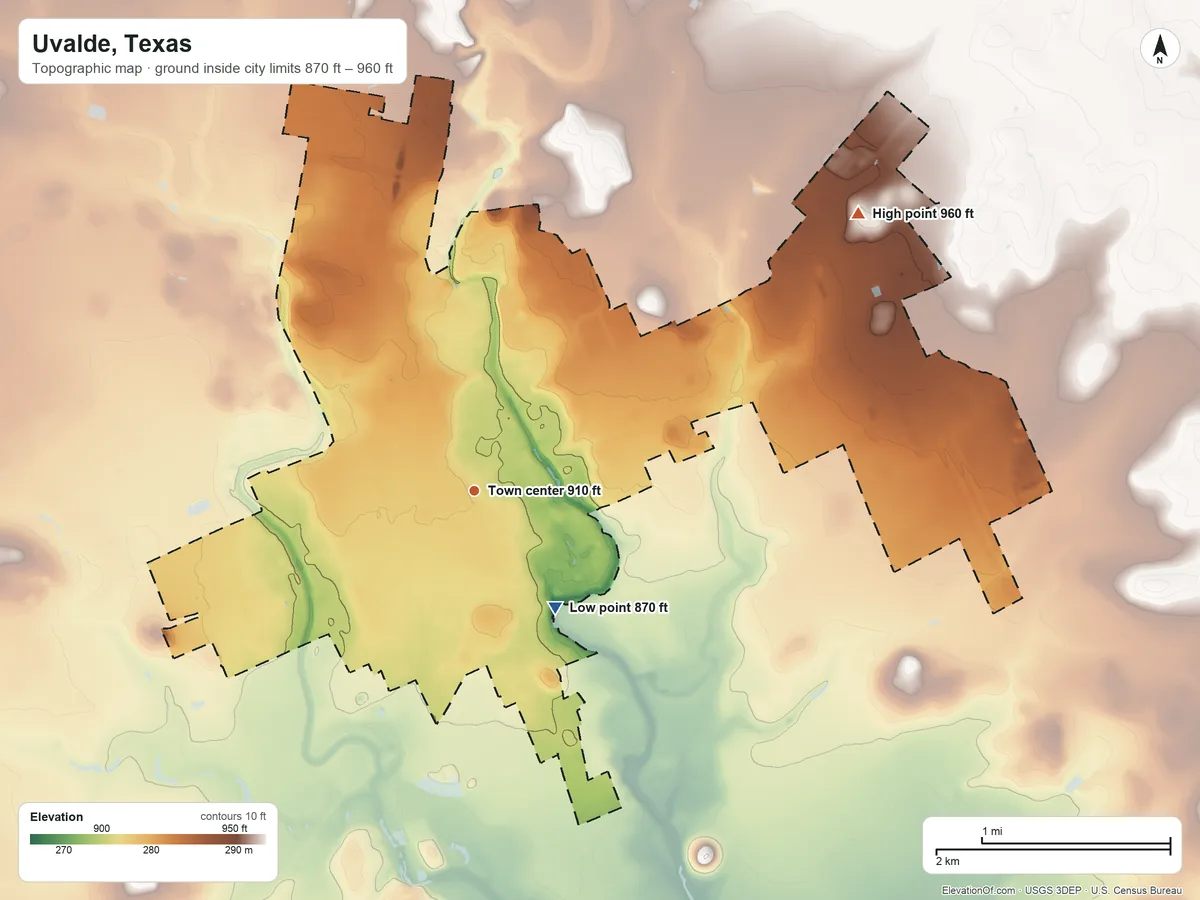 Topographic elevation map of Uvalde, Texas, shaded from 870 ft on the southeast side to 960 ft on the northeast side