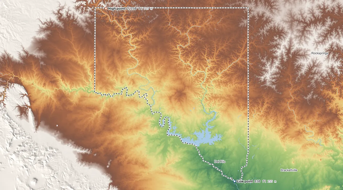 Topographic elevation map of Val Verde County, Texas, shaded from 830 ft on the southeast side to 2,350 ft on the northwest side