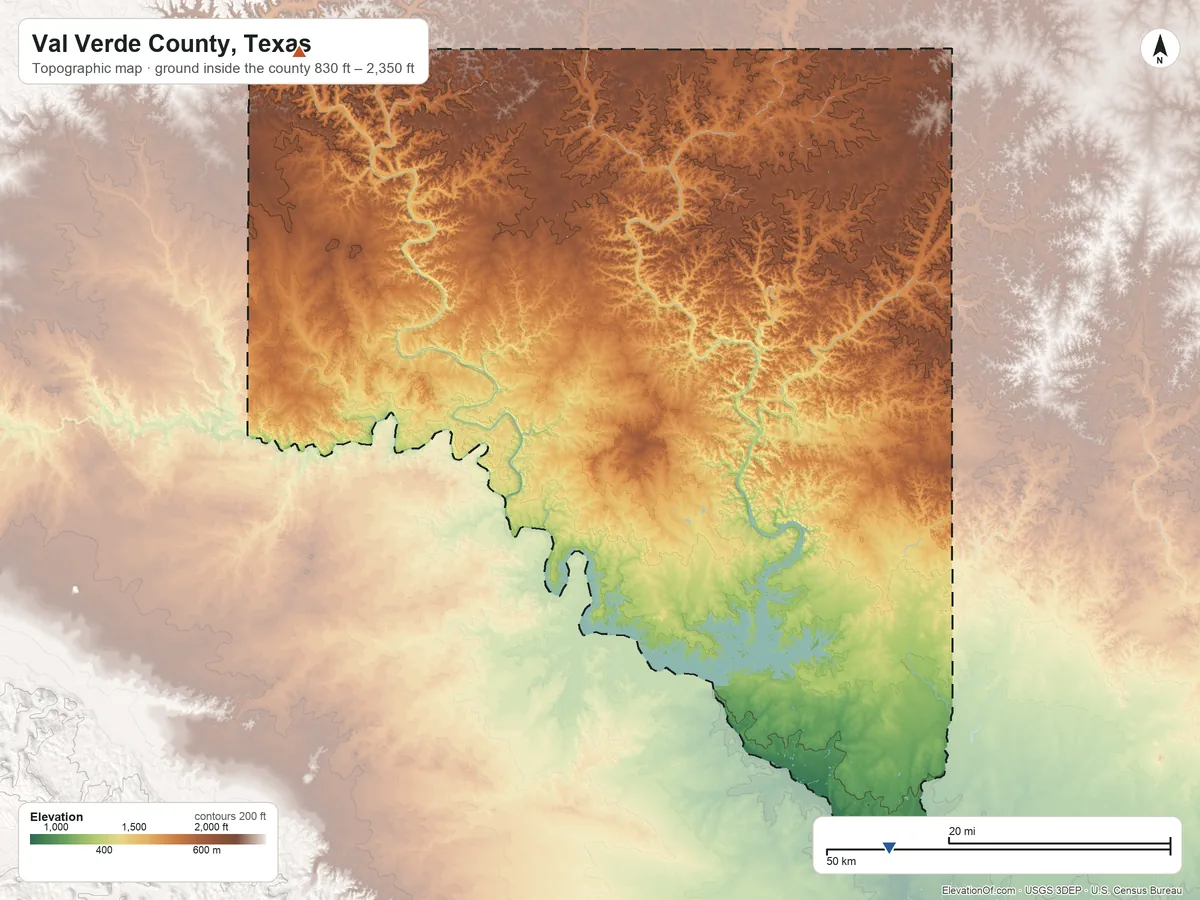 Topographic elevation map of Val Verde County, Texas, shaded from 830 ft on the southeast side to 2,350 ft on the northwest side