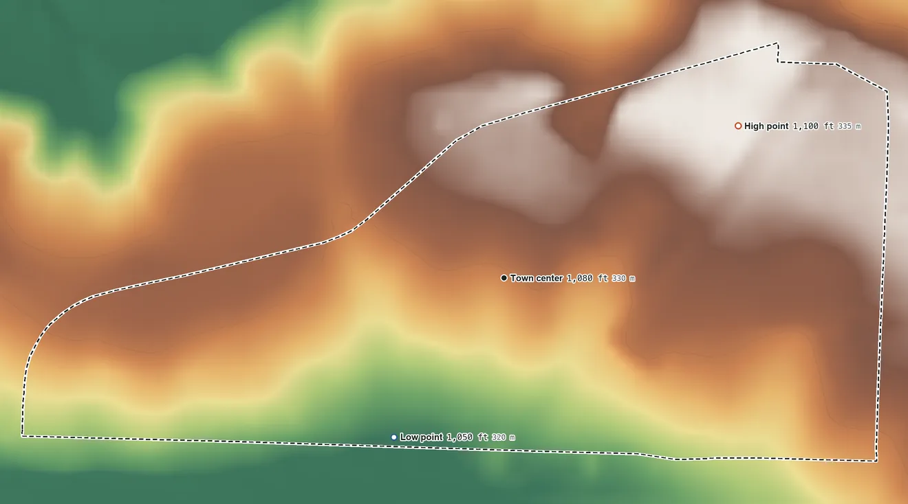 Topographic elevation map of Val Verde Park, Texas, shaded from 1,050 ft on the southwest side to 1,100 ft on the northeast side