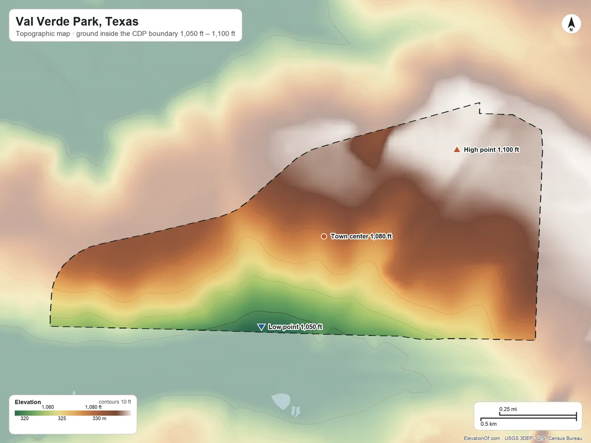 Topographic elevation map of Val Verde Park, Texas, shaded from 1,050 ft on the southwest side to 1,100 ft on the northeast side