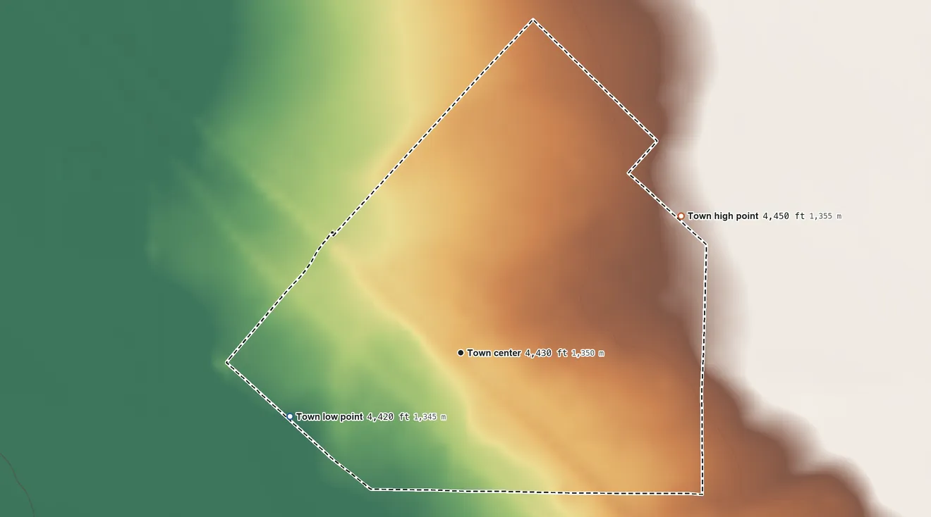 Topographic elevation map of Valentine, Texas, shaded from 4,420 ft on the west side to 4,450 ft on the northeast side