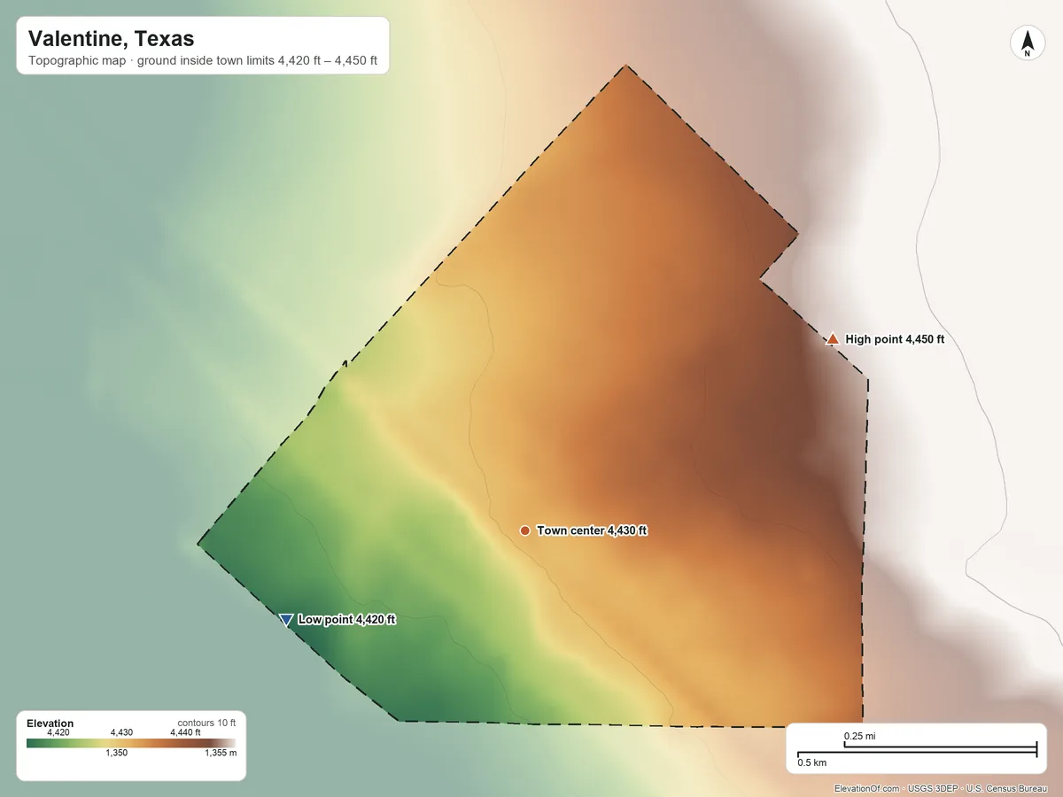 Topographic elevation map of Valentine, Texas, shaded from 4,420 ft on the west side to 4,450 ft on the northeast side