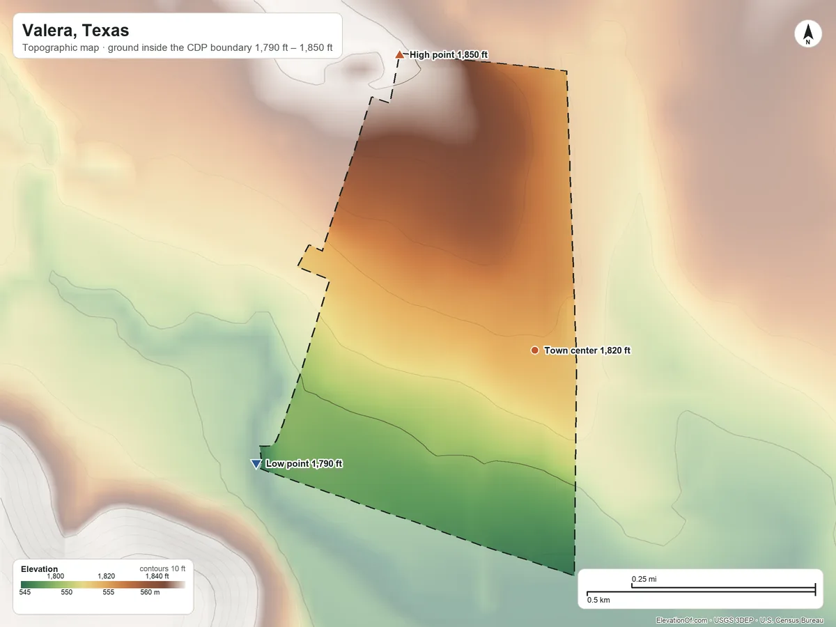Topographic elevation map of Valera, Texas, shaded from 1,790 ft on the west side to 1,850 ft on the northwest side