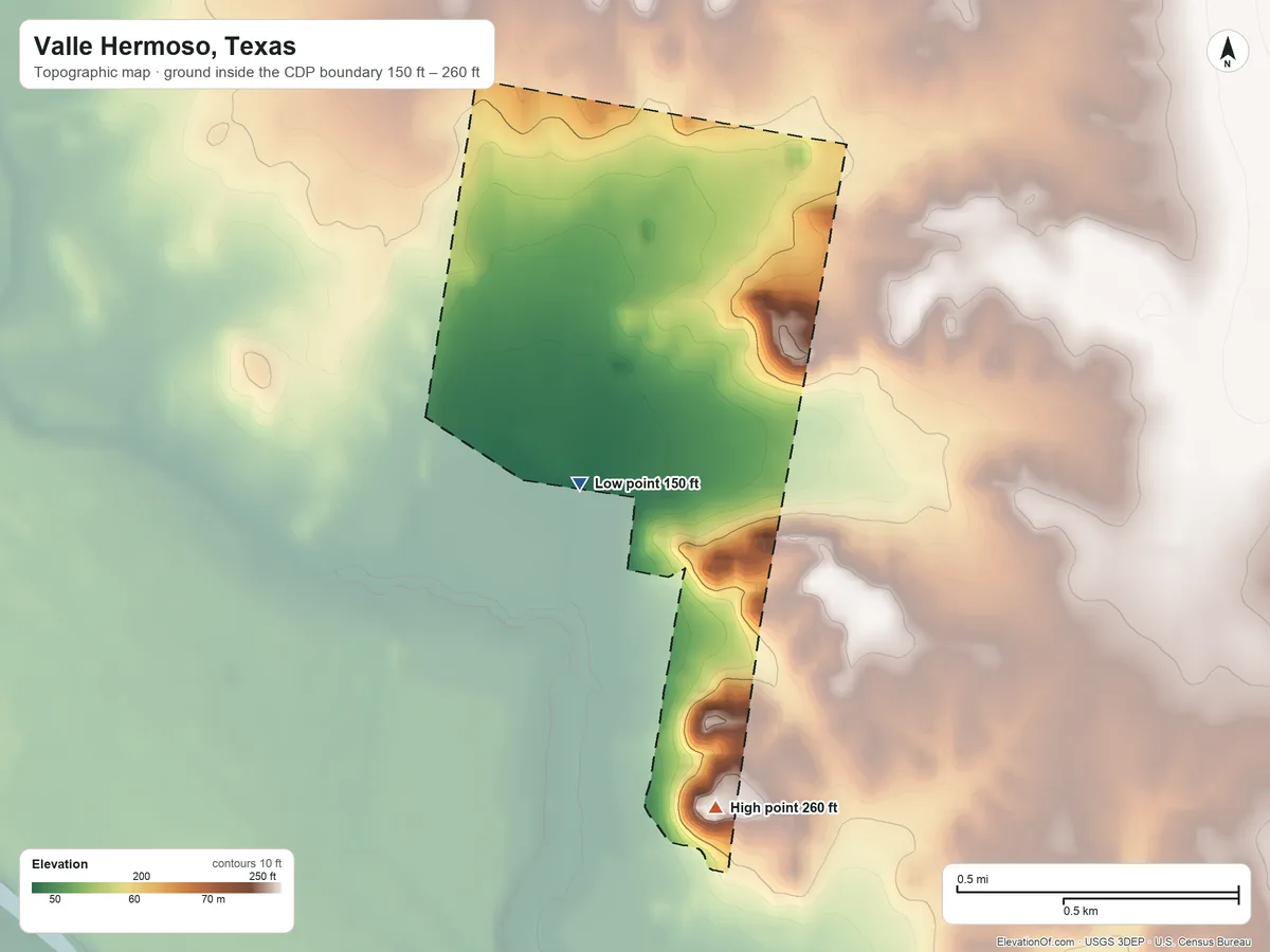 Topographic elevation map of Valle Hermoso, Texas, shaded from 150 ft on the northwest side to 260 ft near the middle