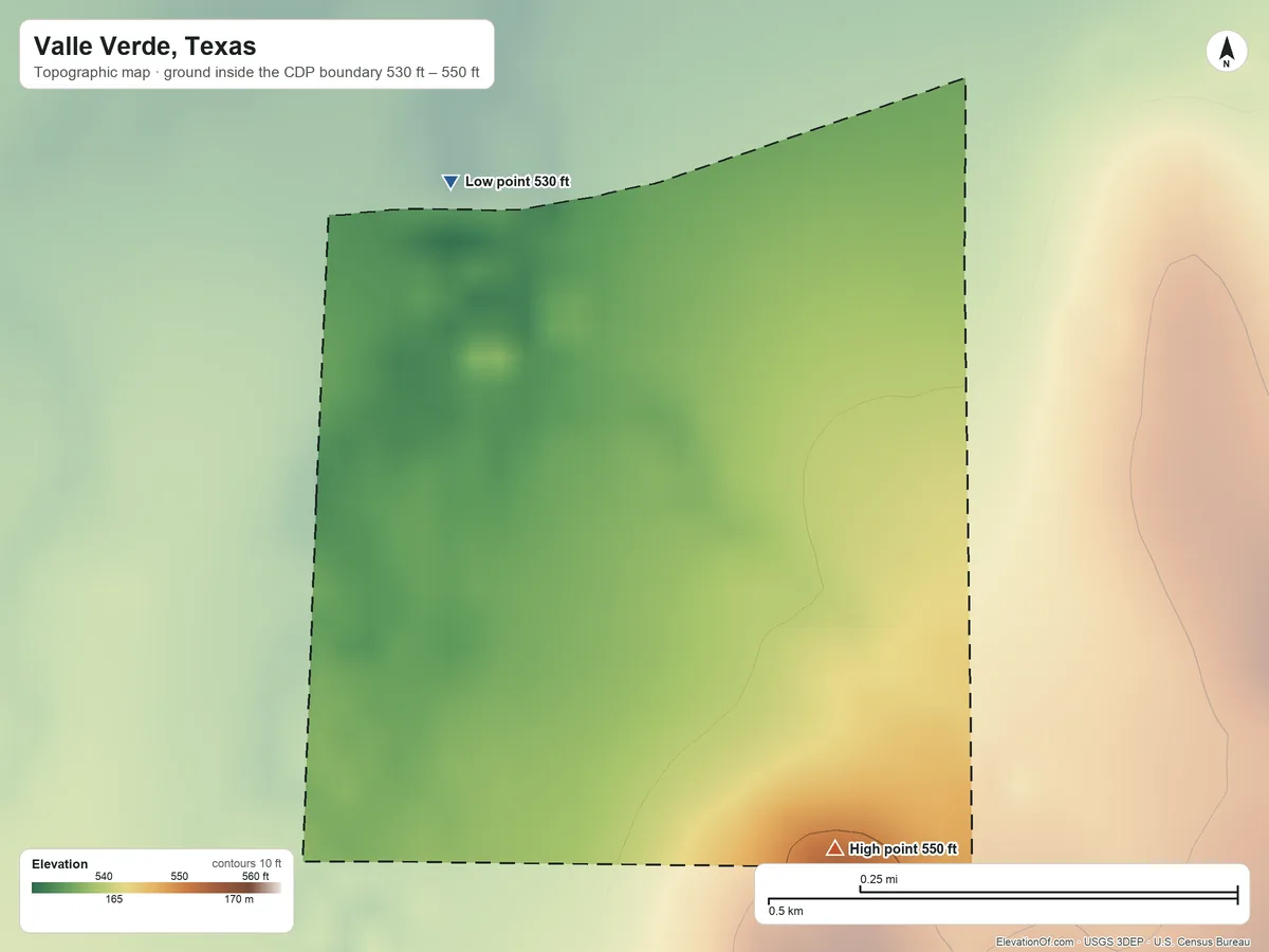 Topographic elevation map of Valle Verde, Texas, shaded from 530 ft on the northwest side to 550 ft on the southeast side
