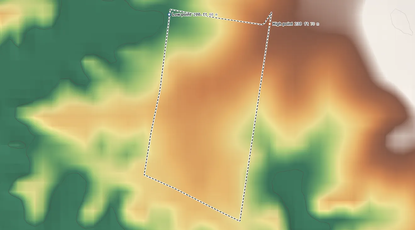 Topographic elevation map of Valle Vista, Texas, shaded from 200 ft on the north side to 230 ft on the northeast side