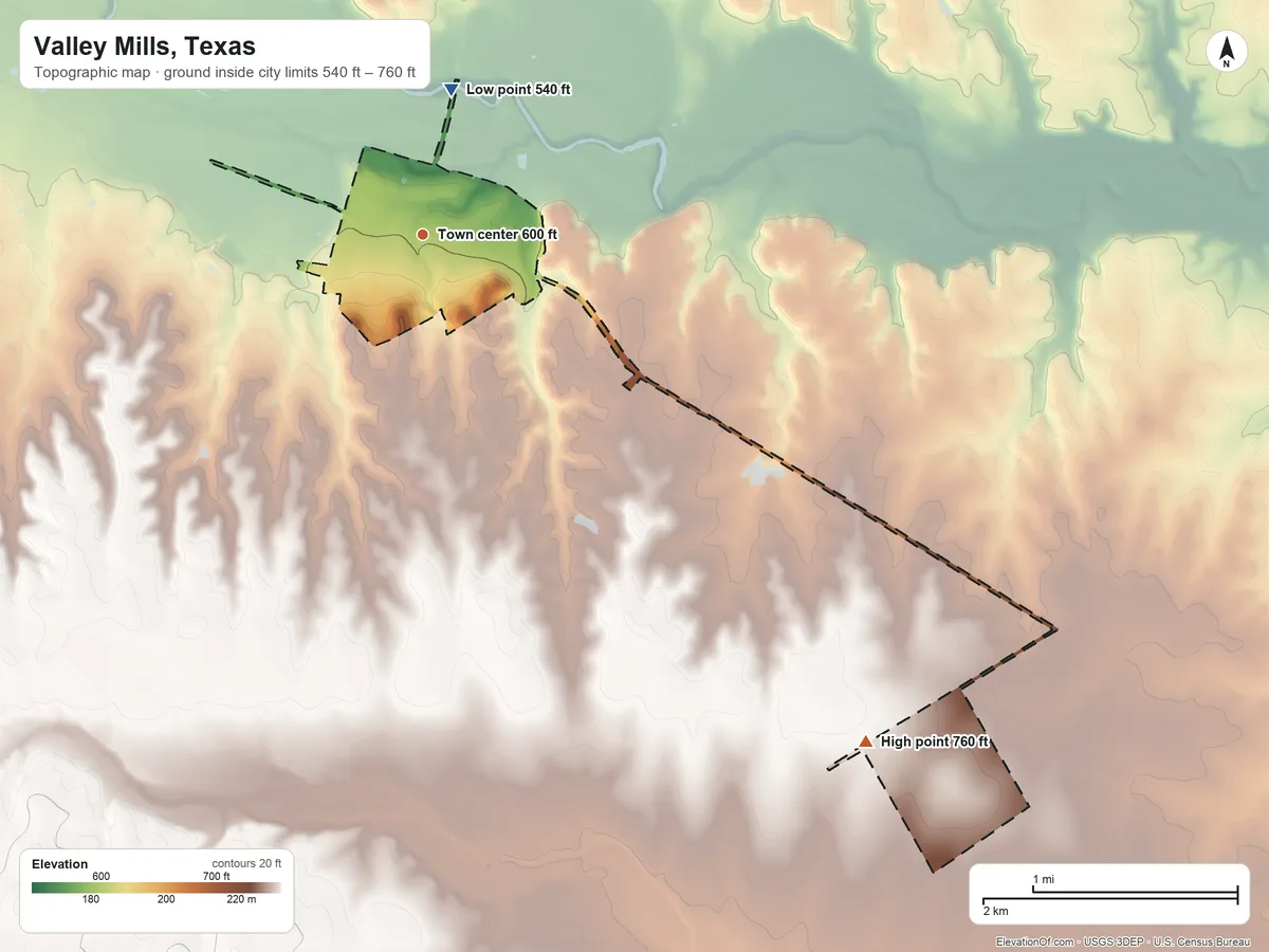 Topographic elevation map of Valley Mills, Texas, shaded from 540 ft on the north side to 760 ft on the southeast side