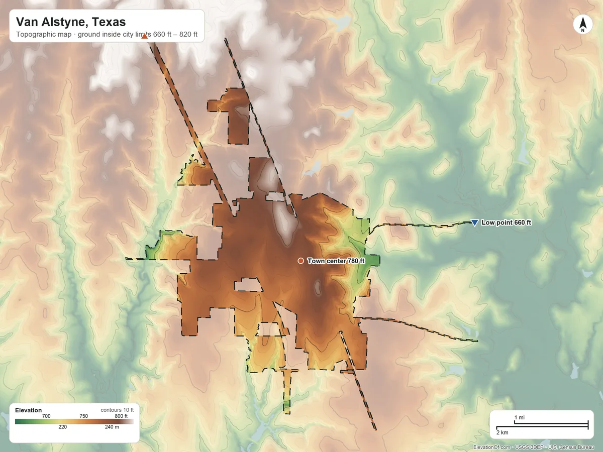 Topographic elevation map of Van Alstyne, Texas, shaded from 660 ft on the east side to 820 ft on the northwest side