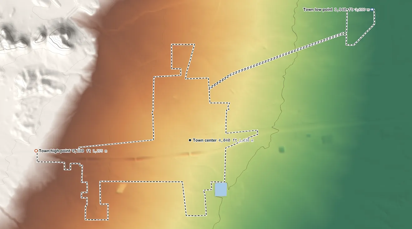 Topographic elevation map of Van Horn, Texas, shaded from 3,940 ft on the northeast side to 4,180 ft at the foot of the Carrizo Mountains