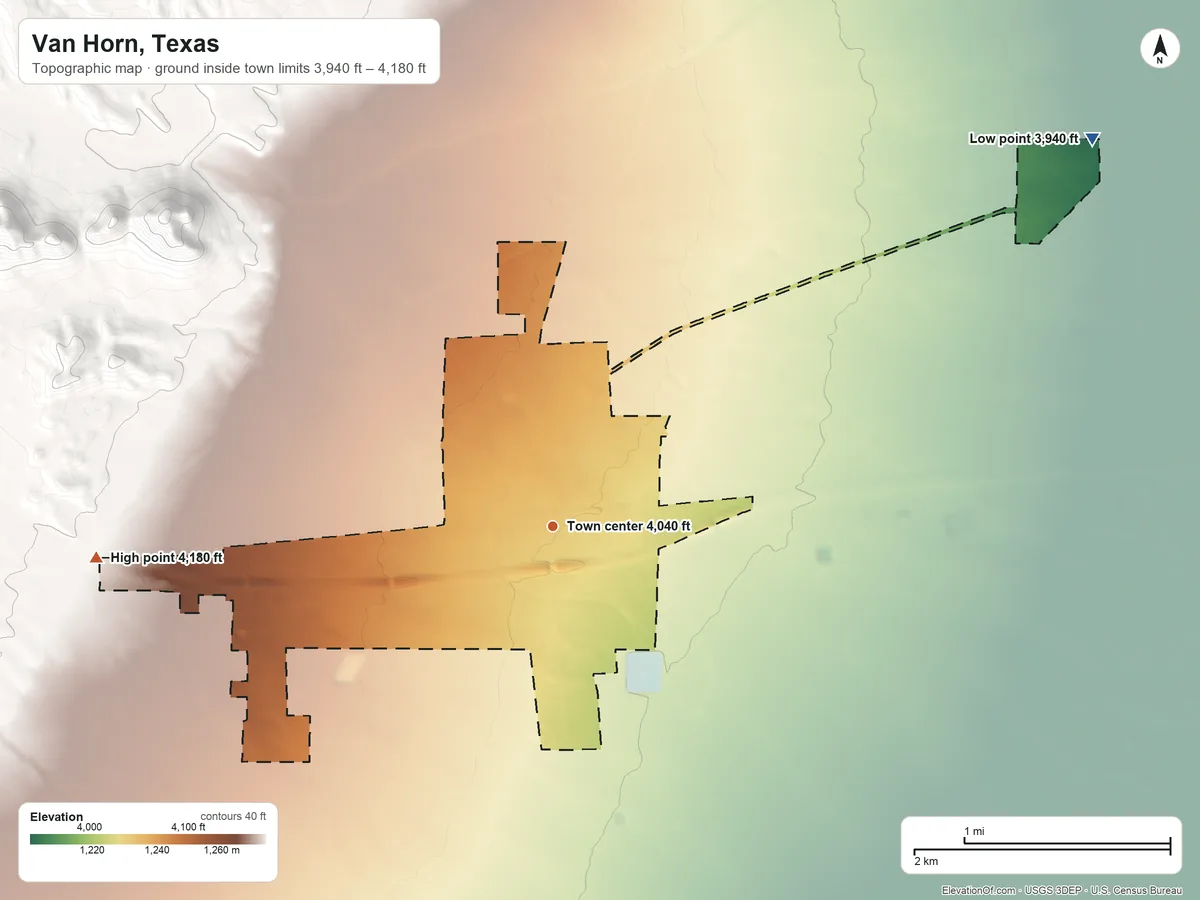 Topographic elevation map of Van Horn, Texas, shaded from 3,940 ft on the northeast side to 4,180 ft at the foot of the Carrizo Mountains