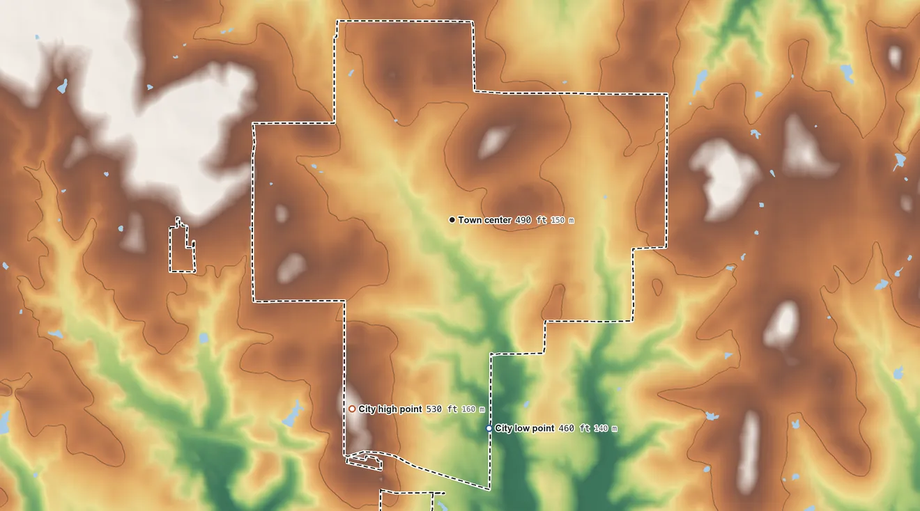 Topographic elevation map of Van, Texas, shaded from 460 ft on the south side to 530 ft on the southwest side