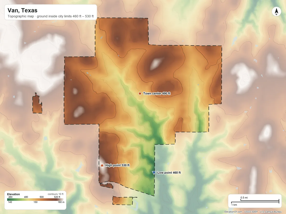 Topographic elevation map of Van, Texas, shaded from 460 ft on the south side to 530 ft on the southwest side