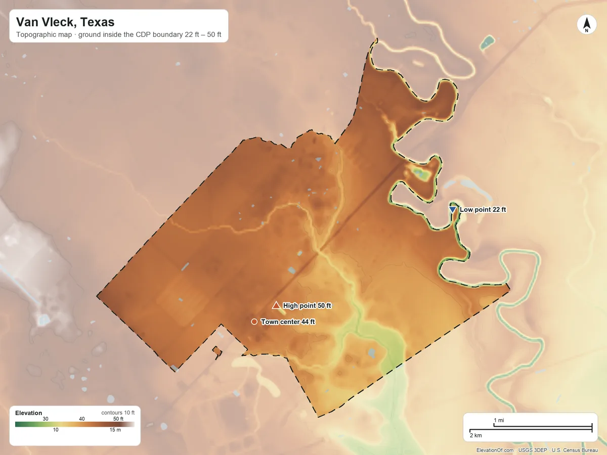 Topographic elevation map of Van Vleck, Texas, shaded from 22 ft on the northeast side to 50 ft near the middle