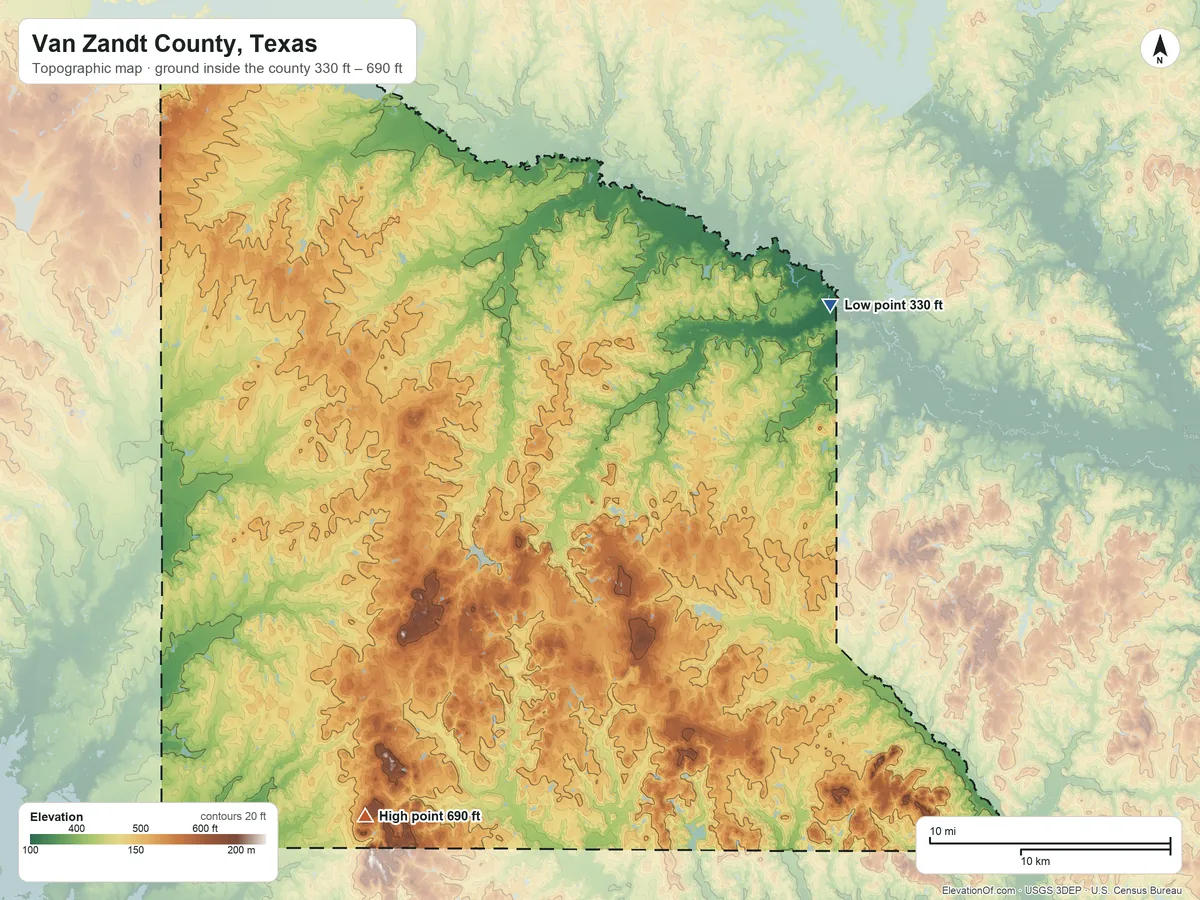 Topographic elevation map of Van Zandt County, Texas, shaded from 330 ft on the northeast side to 690 ft on Sand Hill