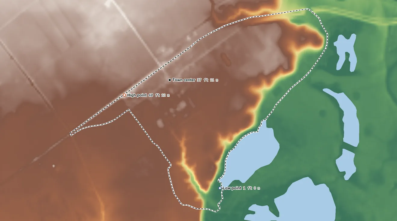 Topographic elevation map of Vanderbilt, Texas, shaded from 1 ft on the southeast side to 40 ft on the west side