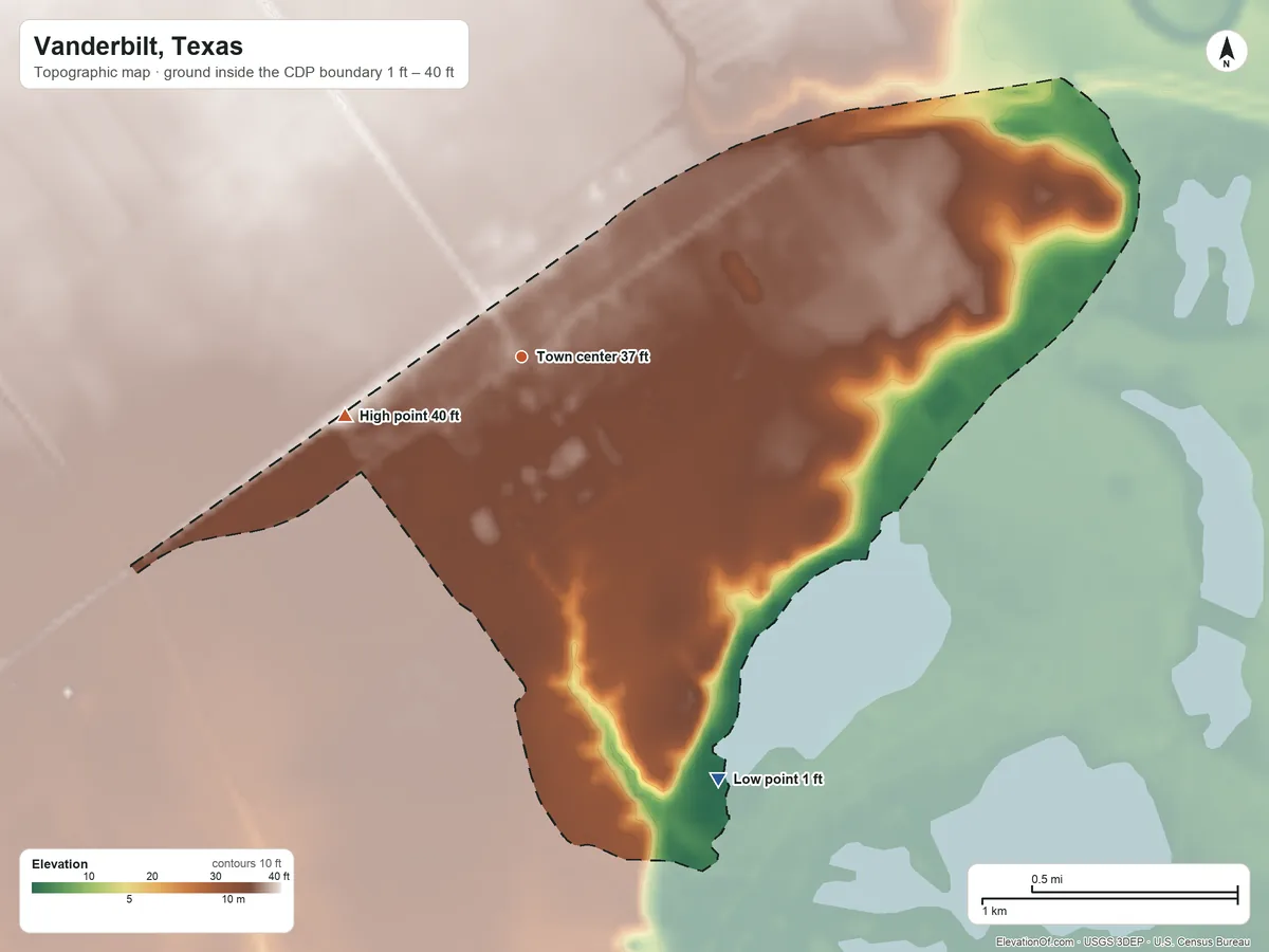 Topographic elevation map of Vanderbilt, Texas, shaded from 1 ft on the southeast side to 40 ft on the west side