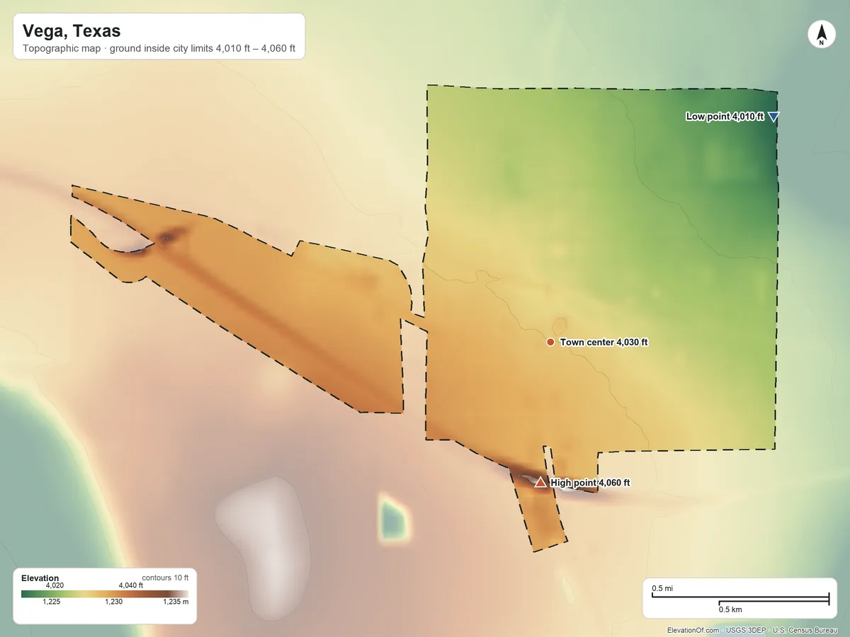 Topographic elevation map of Vega, Texas, shaded from 4,010 ft on the northeast side to 4,060 ft on the south side