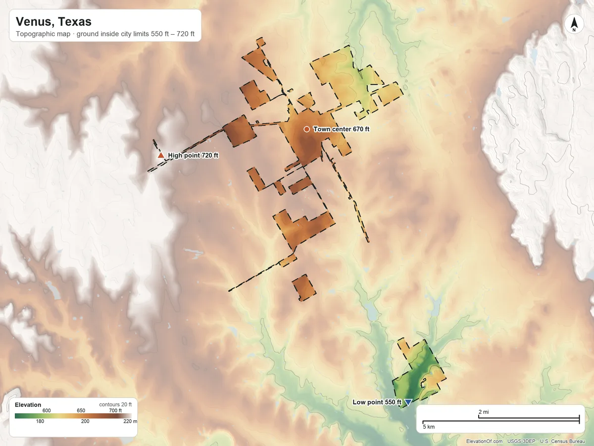Topographic elevation map of Venus, Texas, shaded from 550 ft on the south side to 720 ft on the west side