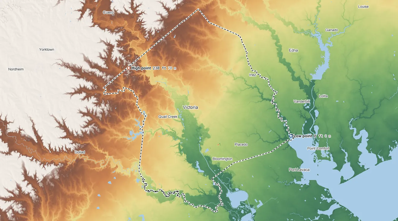 Topographic elevation map of Victoria County, Texas, shaded from sea level on Lavaca Bay to 230 ft on the northwest side