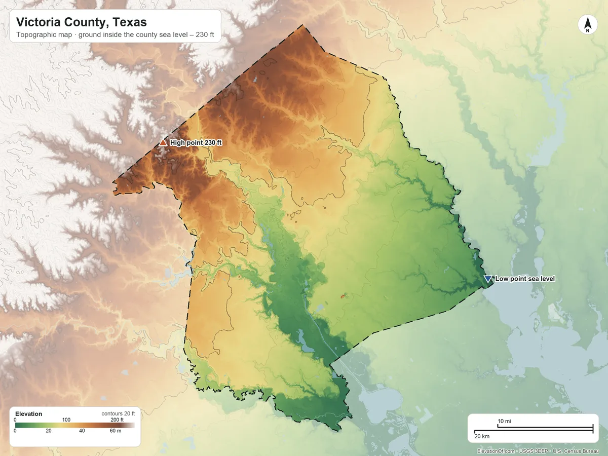 Topographic elevation map of Victoria County, Texas, shaded from sea level on Lavaca Bay to 230 ft on the northwest side