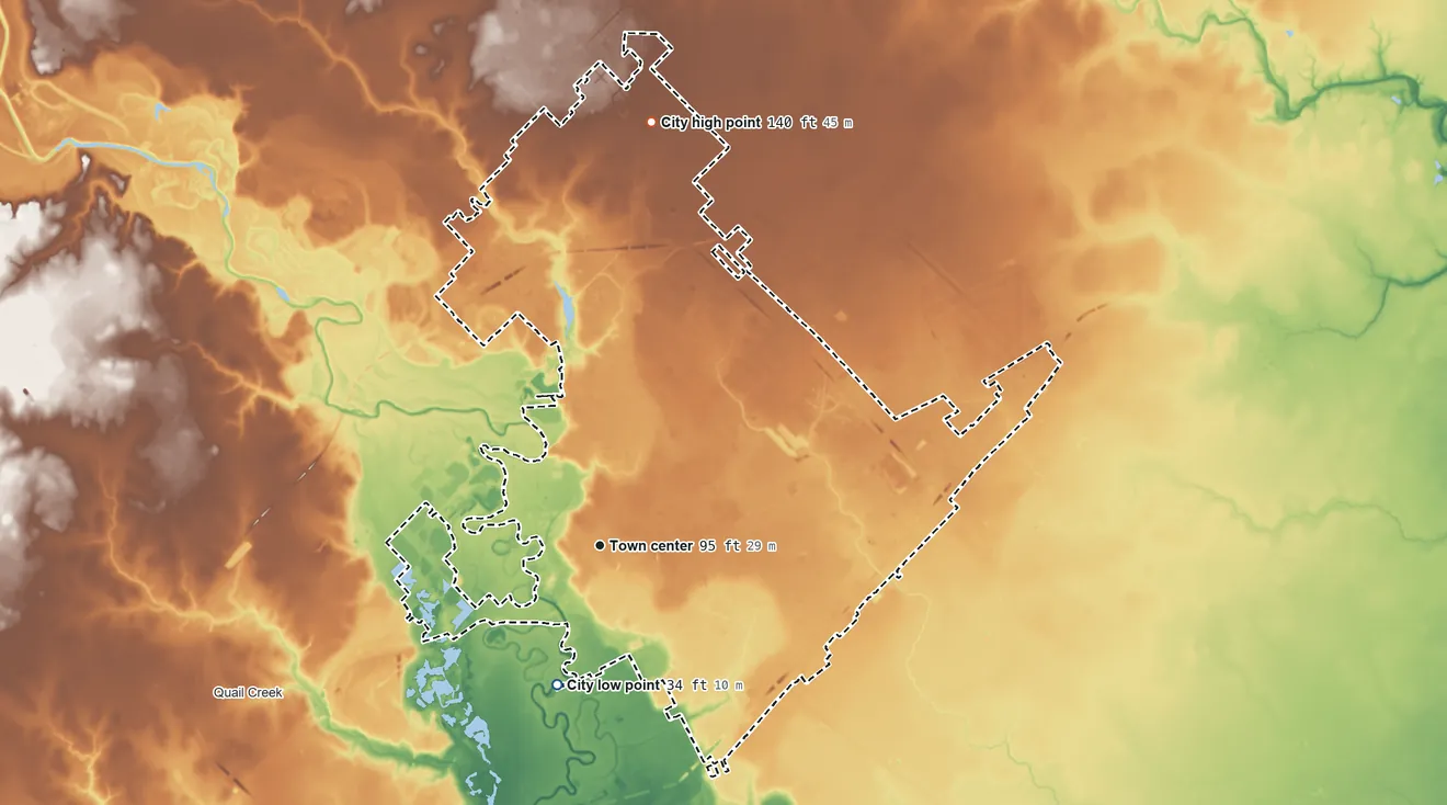 Topographic elevation map of Victoria, Texas, shaded from 34 ft on the south side to 140 ft on the north side