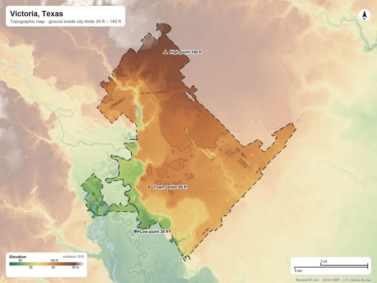 Topographic elevation map of Victoria, Texas, shaded from 34 ft on the south side to 140 ft on the north side