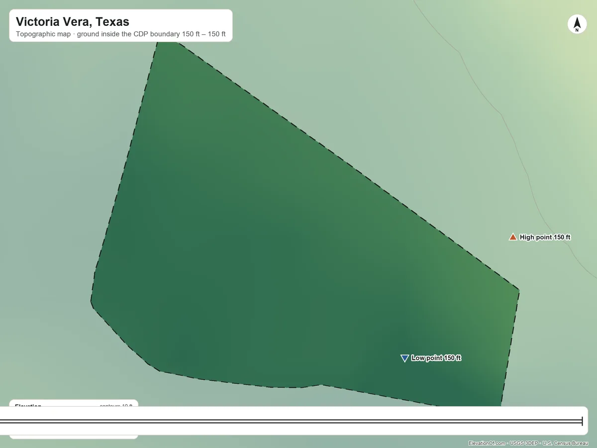 Topographic elevation map of Victoria Vera, Texas, shaded from 150 ft on the southeast side to 150 ft on the east side