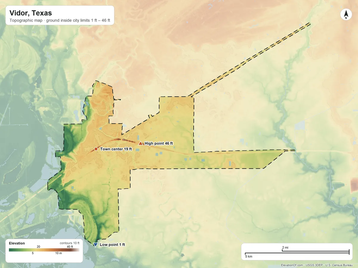 Topographic elevation map of Vidor, Texas, shaded from 1 ft on the south side to 46 ft on the east side