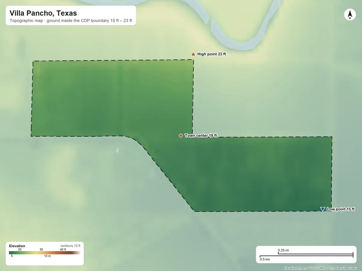 Topographic elevation map of Villa Pancho, Texas, shaded from 15 ft on the southeast side to 23 ft on the north side