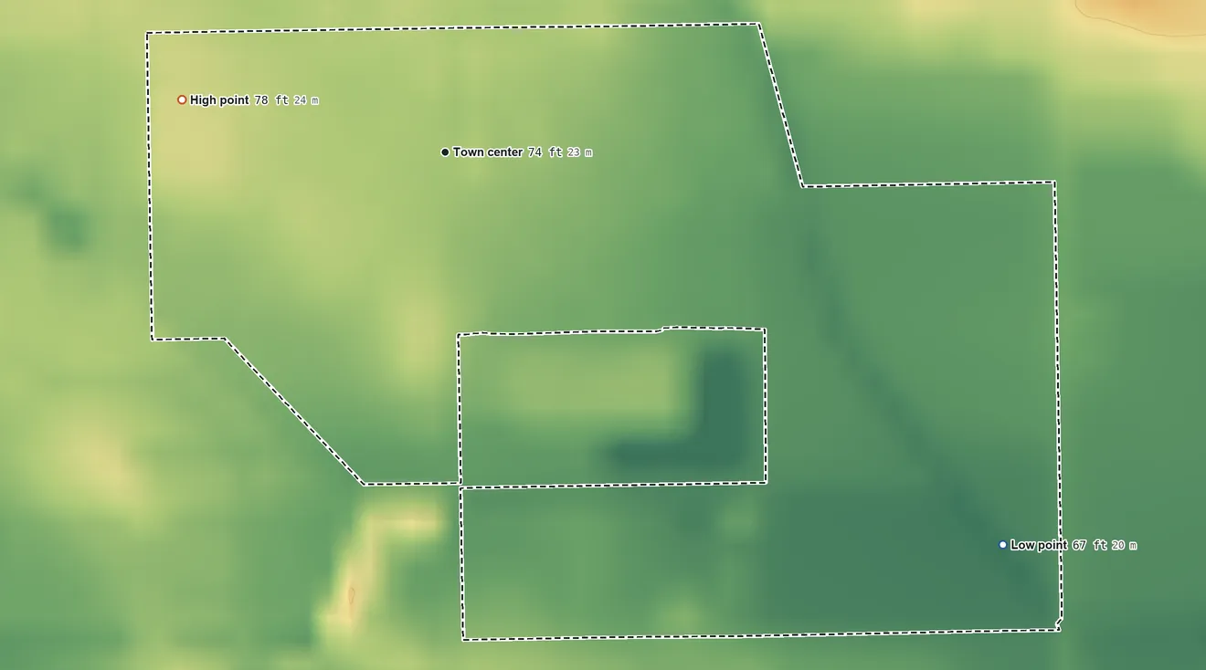 Topographic elevation map of Villa Verde, Texas, shaded from 67 ft on the southeast side to 78 ft on the west side