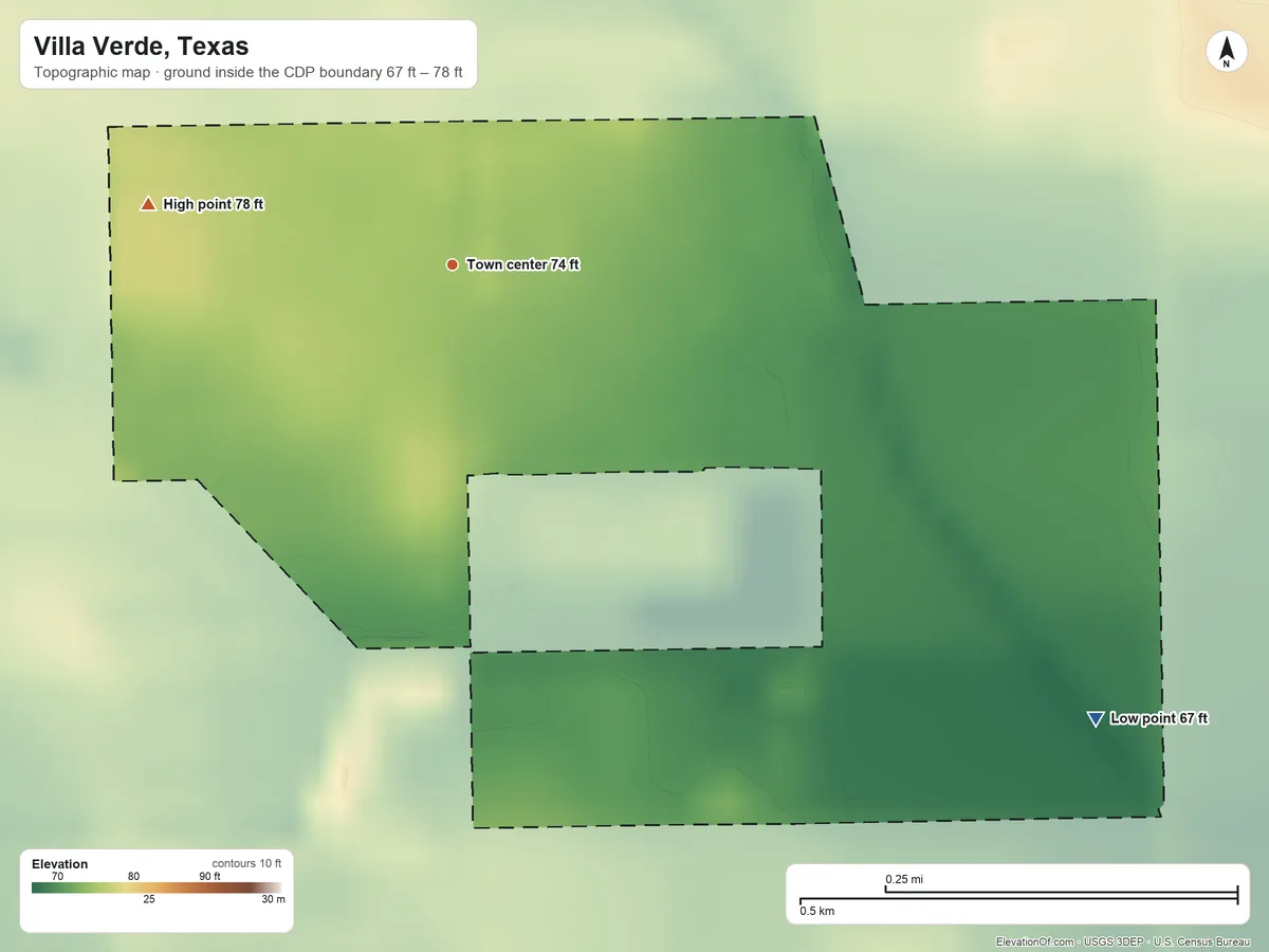 Topographic elevation map of Villa Verde, Texas, shaded from 67 ft on the southeast side to 78 ft on the west side