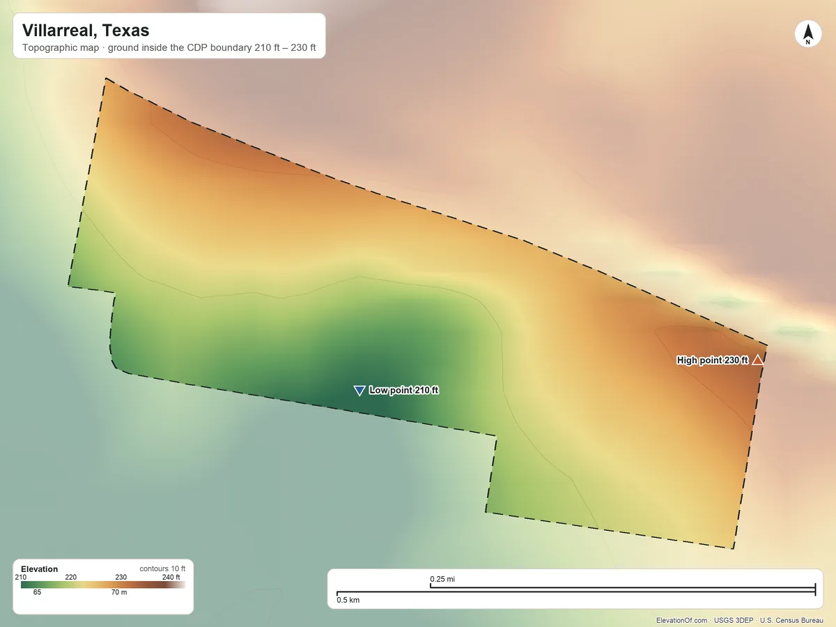 Topographic elevation map of Villarreal, Texas, shaded from 210 ft on the south side to 230 ft on the east side