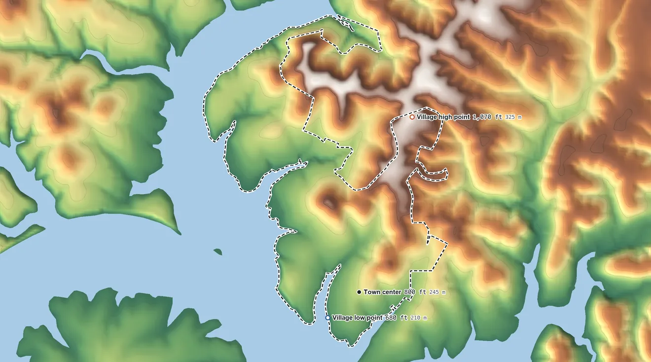 Topographic elevation map of Volente, Texas, shaded from 680 ft near the middle to 1,070 ft on the north side