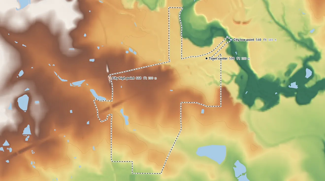 Topographic elevation map of Von Ormy, Texas, shaded from 540 ft on the northeast side to 660 ft on the west side