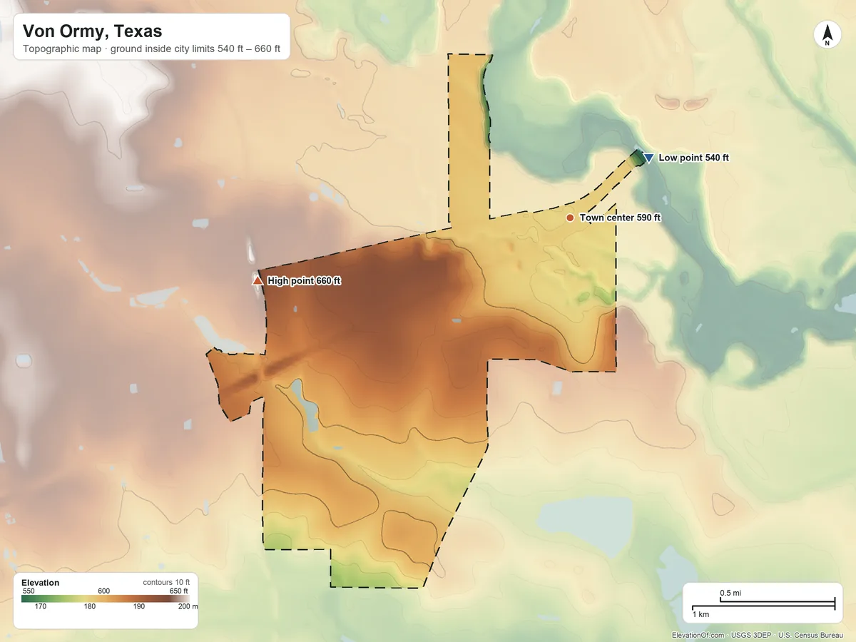 Topographic elevation map of Von Ormy, Texas, shaded from 540 ft on the northeast side to 660 ft on the west side